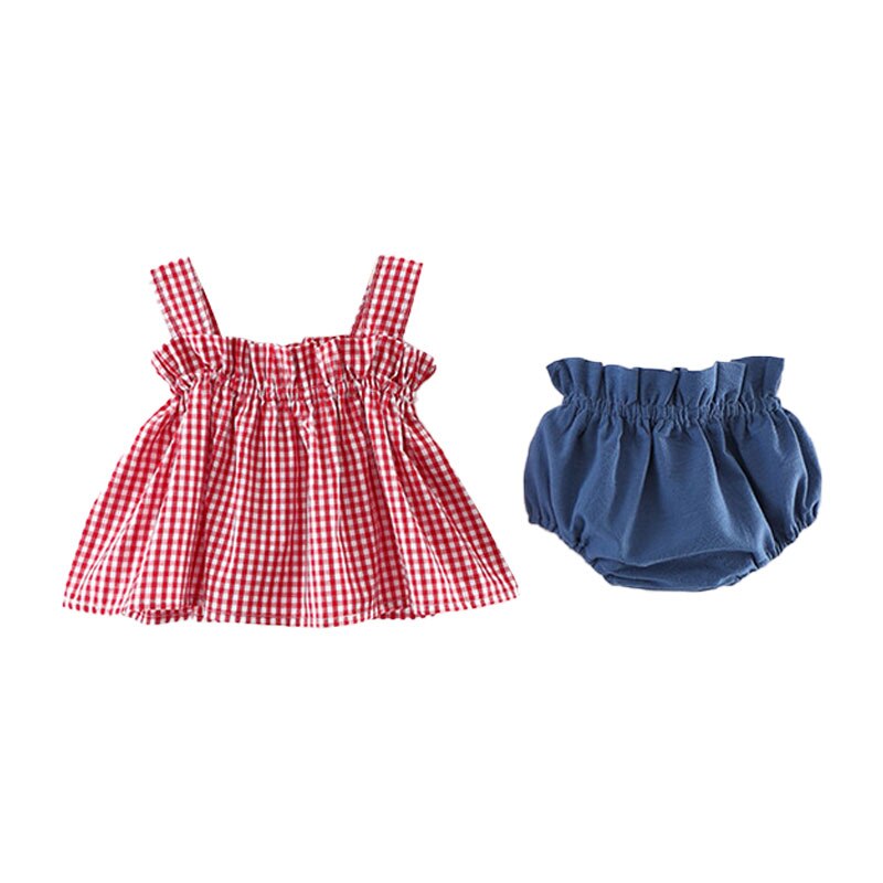 Summer Girls Clothes Sets Sleeveless Plaid Pattern Top and Cute Shorts 2 pcs Kids Suits Baby Children Outfits: red and blue / 100