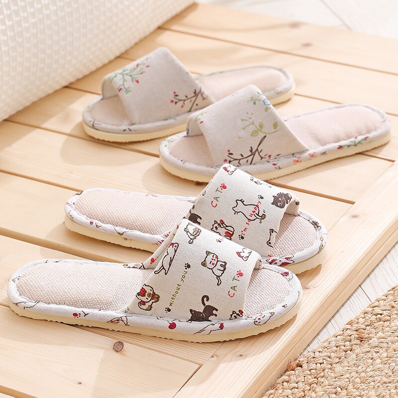 1 Paar Linnen Katoen Vrouwen Slippers Cartoon Bloemen Bedrukte Thuis Gast Indoor Slippers Foam Onderkant Flip Flop Schoenen Hotel Slippers