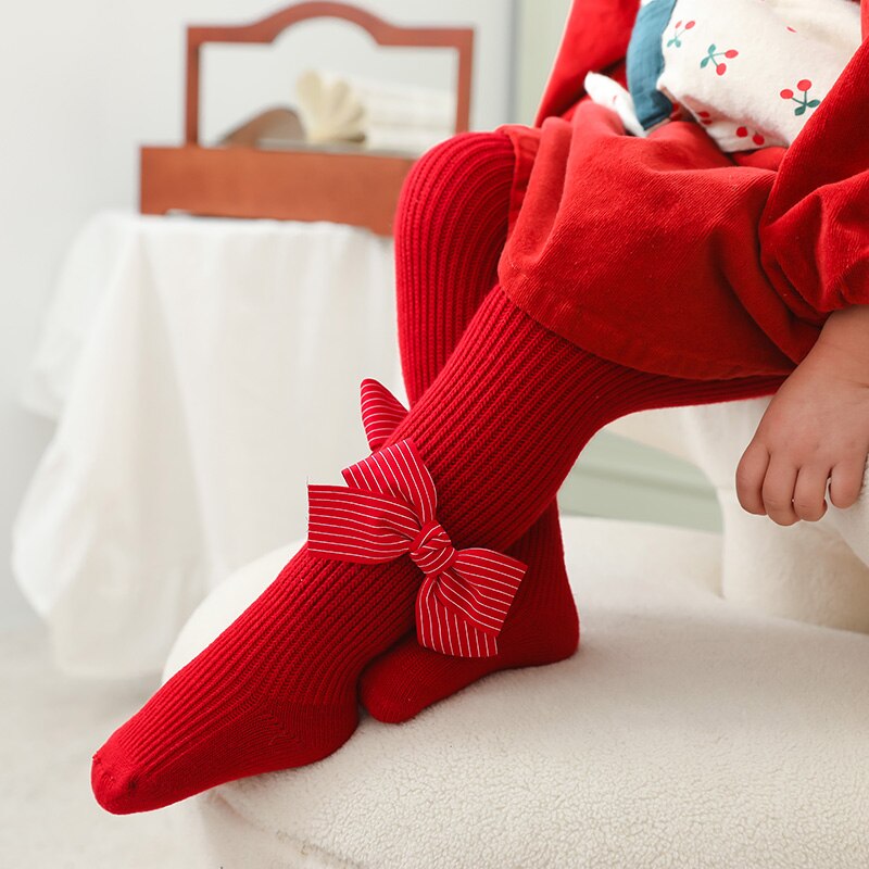 Infantil meias de natal com nervuras meias meninas estiramento meados de rise collants com arcos (vermelho) roupas de bebê inverno