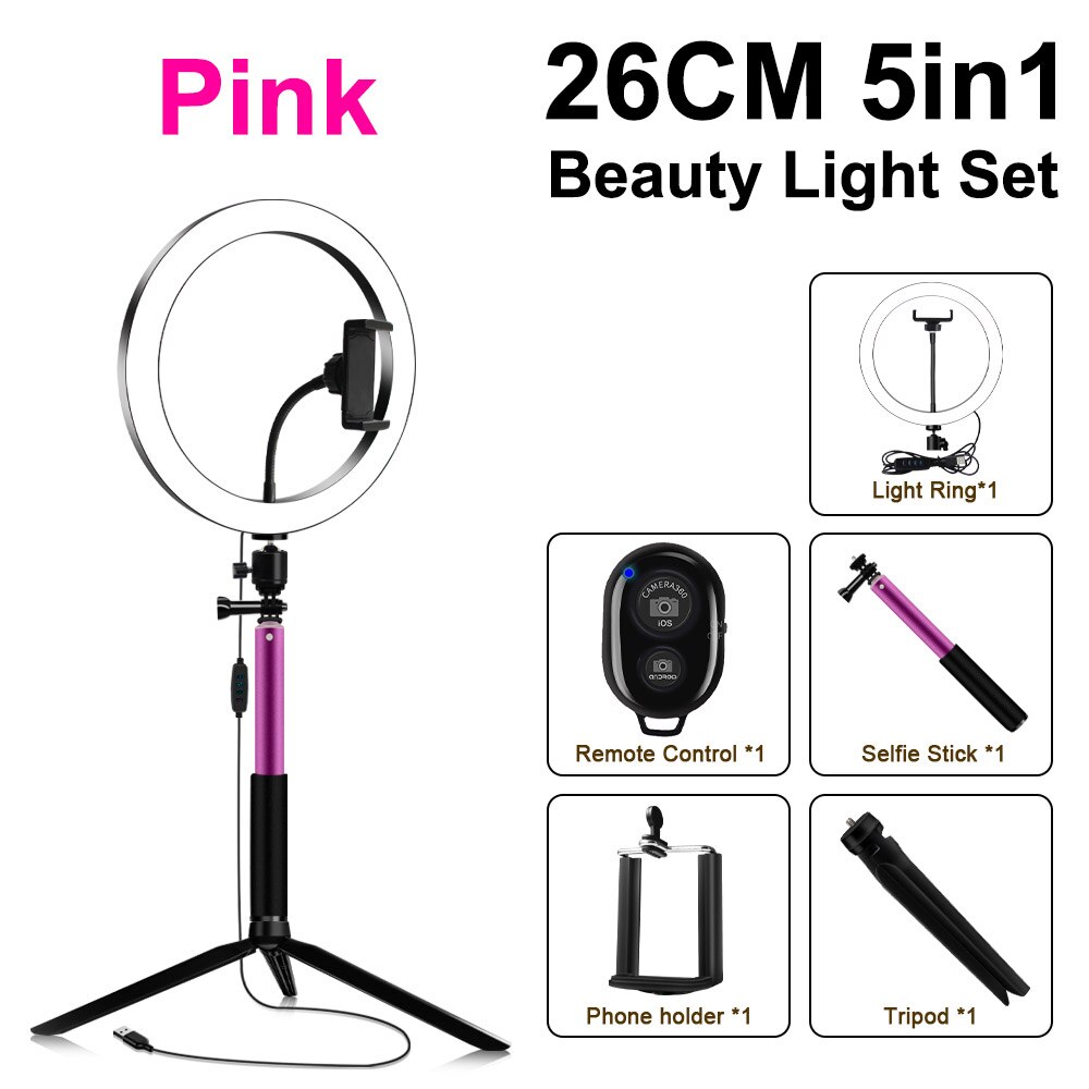 10 Inch Dimmable LED Studio Camera Ring Light Photo Phone Video Light with Ball Head Phone Holder Tabletop Tripod Selfie Stick