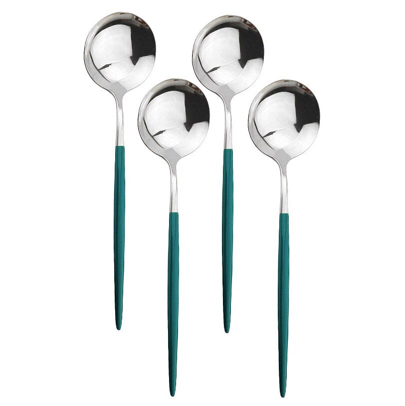 4Pcs Rosa Gold Geschirr Besteck Dessert Löffel Set Lange Griff Spiegel Löffel Besteck Küche Zubehör 304 Edelstahl: Green Silver