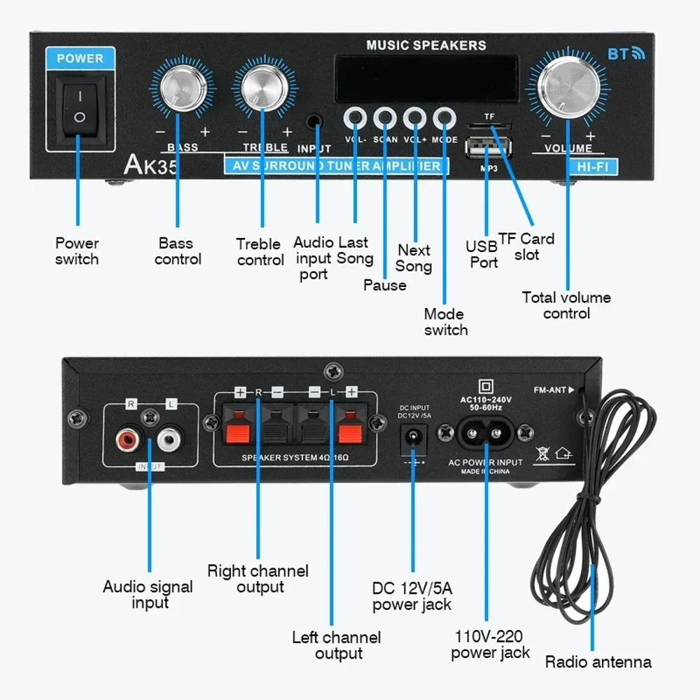 Wzmacniacz mocy 800W bluetooth 5.0 domowy odtwarzacz MP3 2.0 kanałowy cyfrowy wzmacniacz audio stereo głośniki niskotonowe AK35 110V/220V