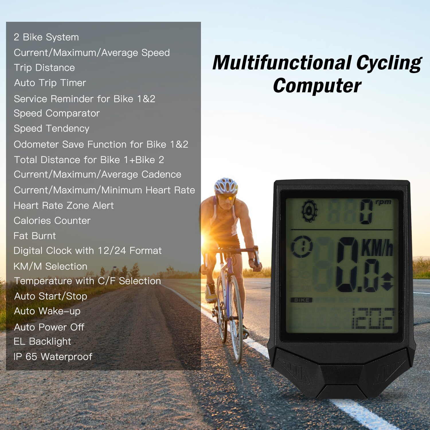 Bike Computer Cycling Wireless Computer with Heart Rate Sensor Multifunctional Rainproof Cycling Computer with Backlight LCD