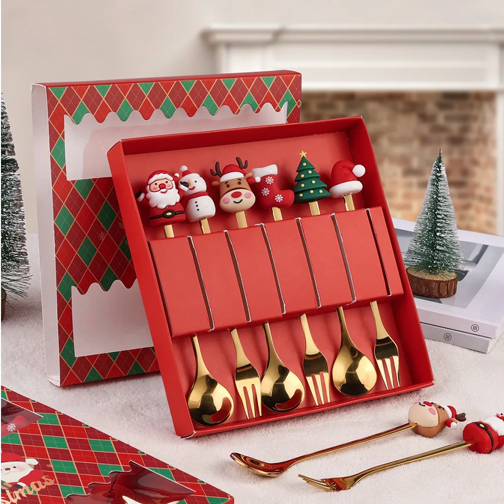 4 stks/set Kerstcadeau Goud Zilveren Lepel Vork Set Elanden Kerstboom Decoratie Dessert Scoop Fruit Vork Koffielepel Bestek