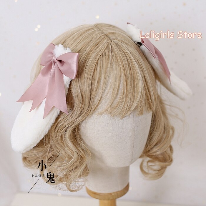 Multicolor Lolita Bunny Ears Hair Clip Hair Accessories Lop-eared Rabbit Hairpin Soft Sister Lolita Bowknot Barrettes Headdress: Bean Paste