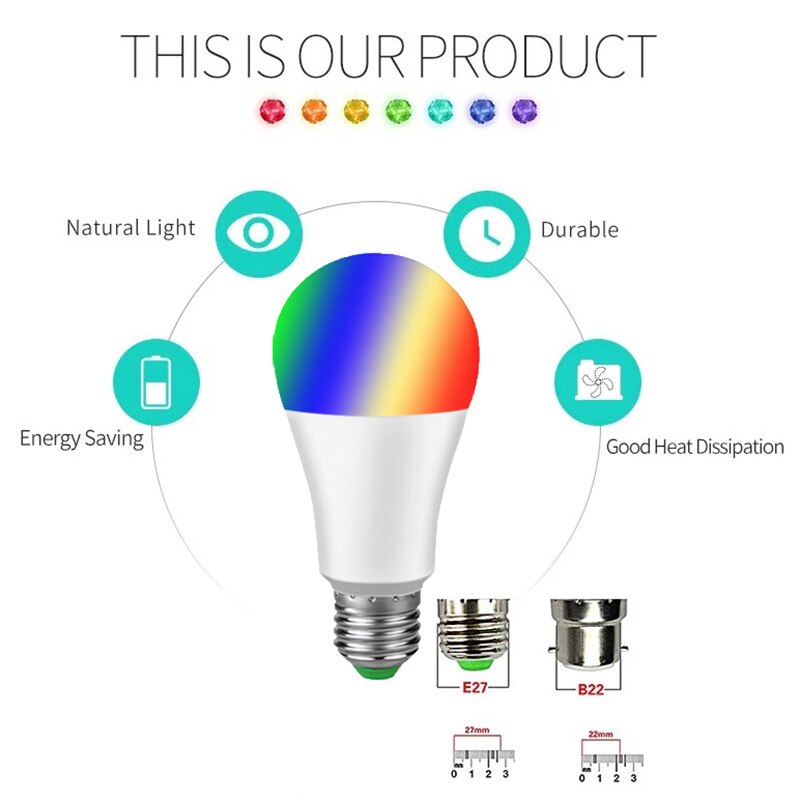 Dimmable E27 B22 LED Lamp RGB 15W WIFI Smart Bulb Bluetooth APP Control RGBWW Light Bulb 85-265V For Home
