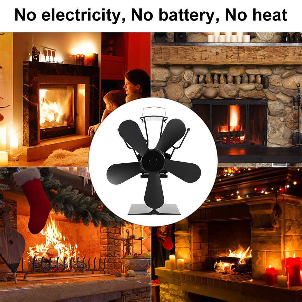 Cheminée noire cheminée pour poêle à 5 lames à chauffage, ventilateur et silencieux pour la maison, Distribution de chaleur efficace