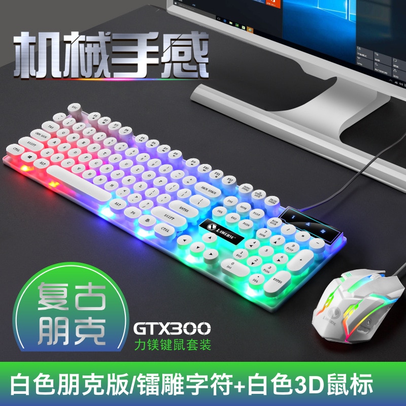 Force Magnesium Gtx300 Machinery Handfeel Punk Shining Keyboard and Mouse Set Wired Computer Laptop: Gtx300 White Punk Set
