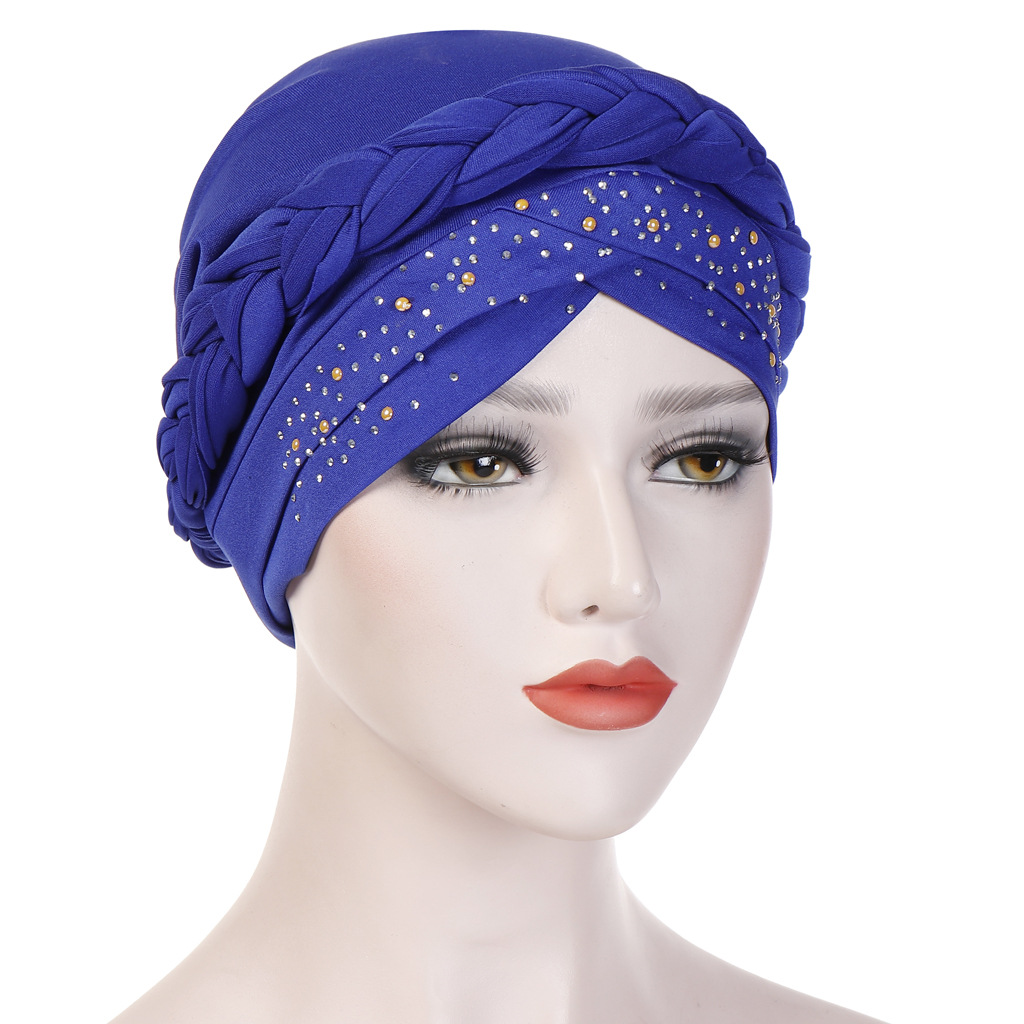 Bohemia Style Women Turban Hat Braid Knot Lady Head Scarf Hijab Muslim Inner Hijab for Women Hair Accessories Hair Loss: Blue