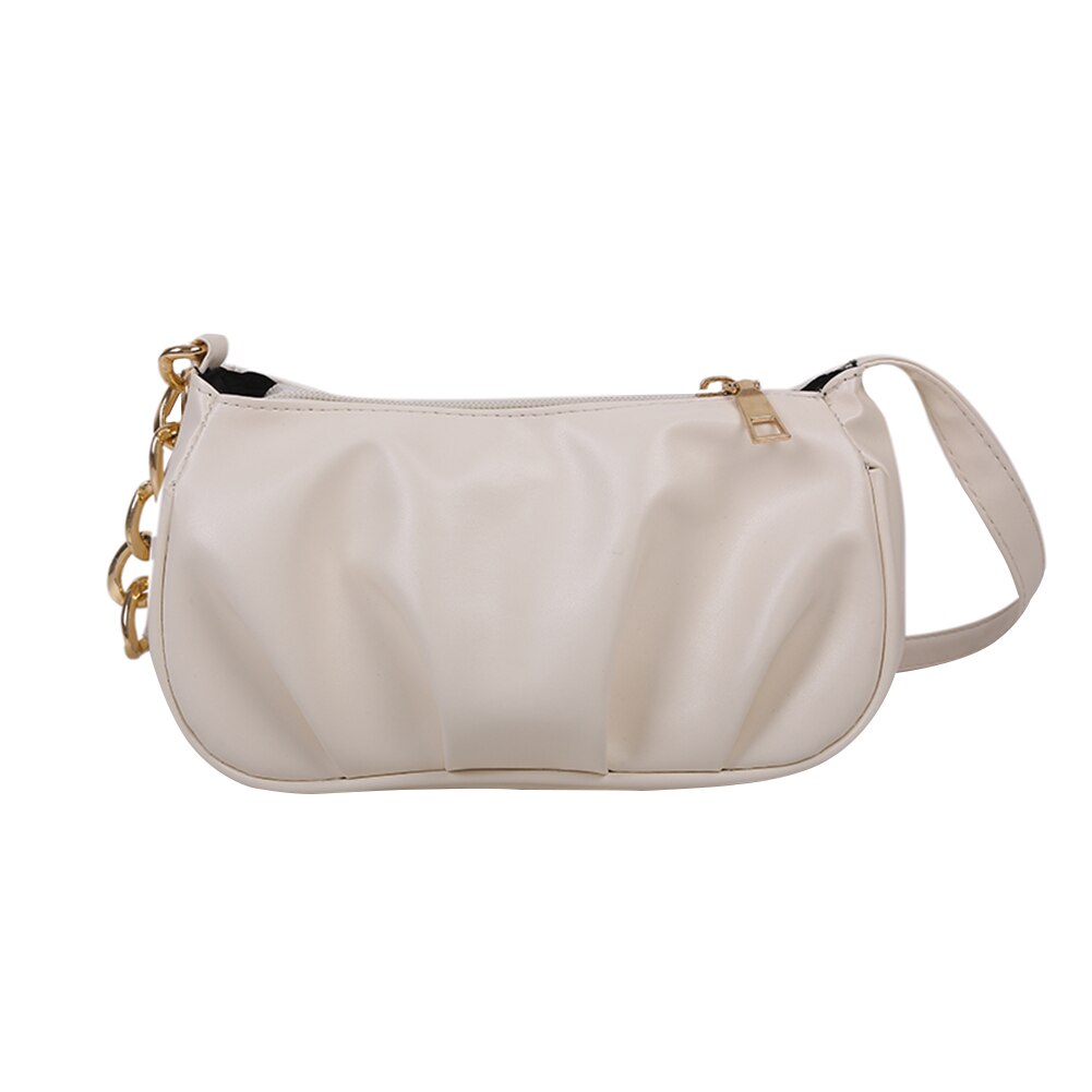 Plissiert Kette Handtasche Totes Tragbare Frauen PU Leder Einfarbig Casual Unterarm Schulter Taschen Reise Clutche: WHITE