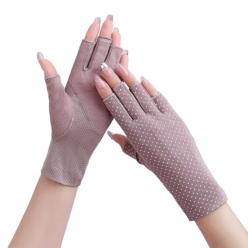 Guantes finos de algodón sin dedos para mujer, antideslizantes, transpirables, protectores solares, elásticos, de medio dedo para conducir, Verano: Morado