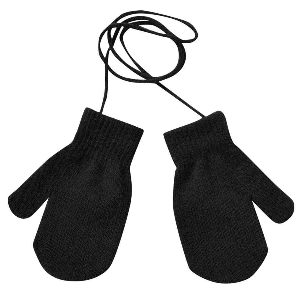 Kinderen Solid Dikke Gebreide 1-4Years Handschoenen Kinderen Winter Warm Solid Gebreide Leuke Met String 6 Kleuren Handschoenen Варежки Зимние: Black