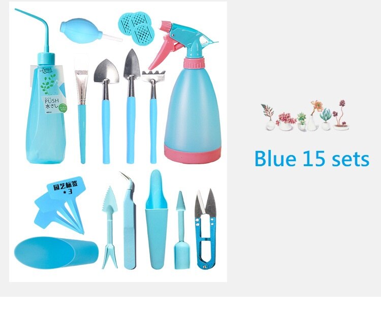 Bouteilles d'arrosage plantes miniatures | Mini ensemble d'outils à main de jardinage multifonctions plantes succulentes, outils de jardinage: Blue 15pcs