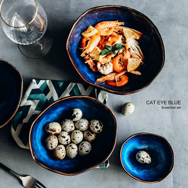 KINGLANG-plato de porcelana europea, cuenco profundo irregular, vajilla creativa, cuenco irregular, juego de platos, cuenco de fideos
