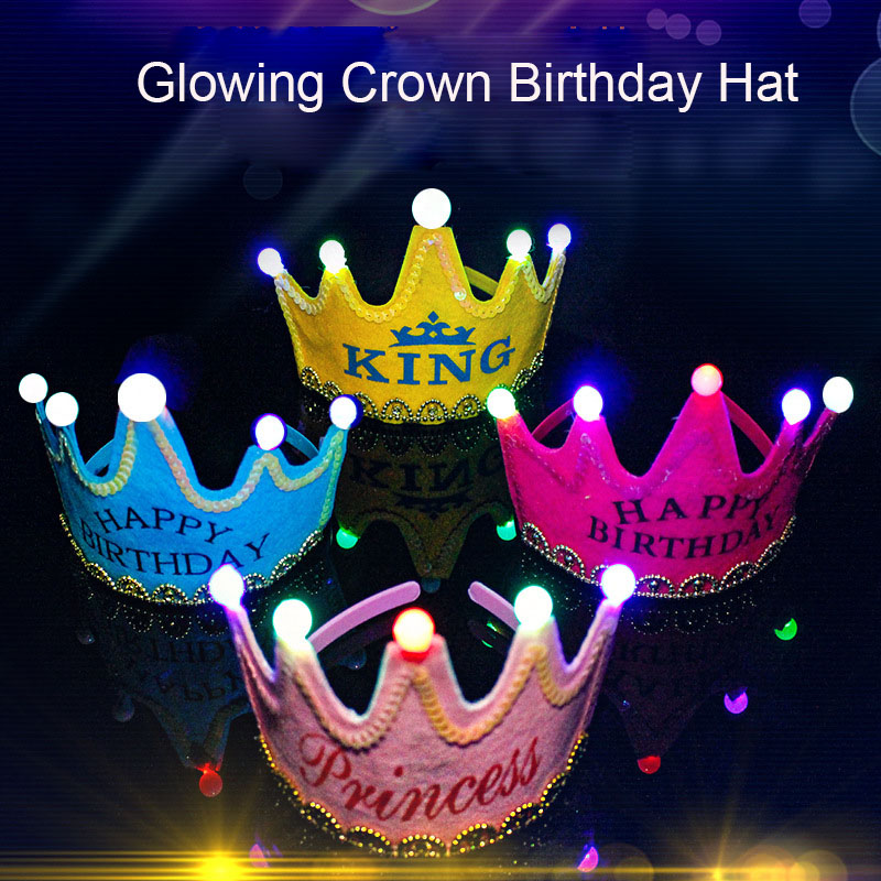 LED King Princess Prince Happy Birthday Paper Crown Hats Baby Shower Boy Girl Birthday Party Xmas Decorations Supplies Kids