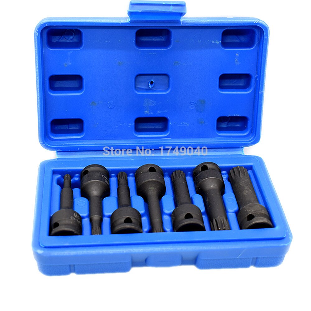 Spline bitdop 7 -delige set 3/8 " vierkante aandrijving  m5 m6 m7 m8 m10 m12 m14 cr- mo slagdop schroevendraaierbits 60mm lang met koffer