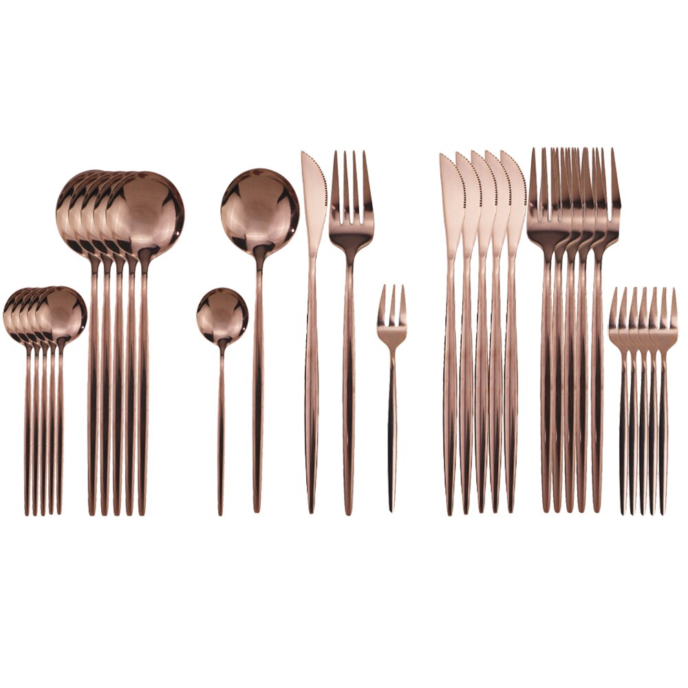 JANKNG – service de vaisselle noire, 30 pièces, fourchette à gâteau aux fruits, couteau en acier inoxydable, argenterie, couverts miroirs, service de table: Rose