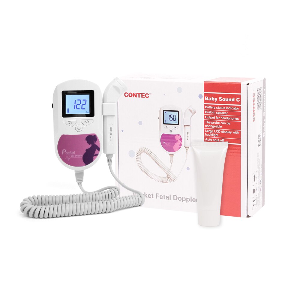 CONTEC Fetal Doppler 3MHz Probe Heart Beat Monitor Backlight LCD Blue Color + Free GeL: pink