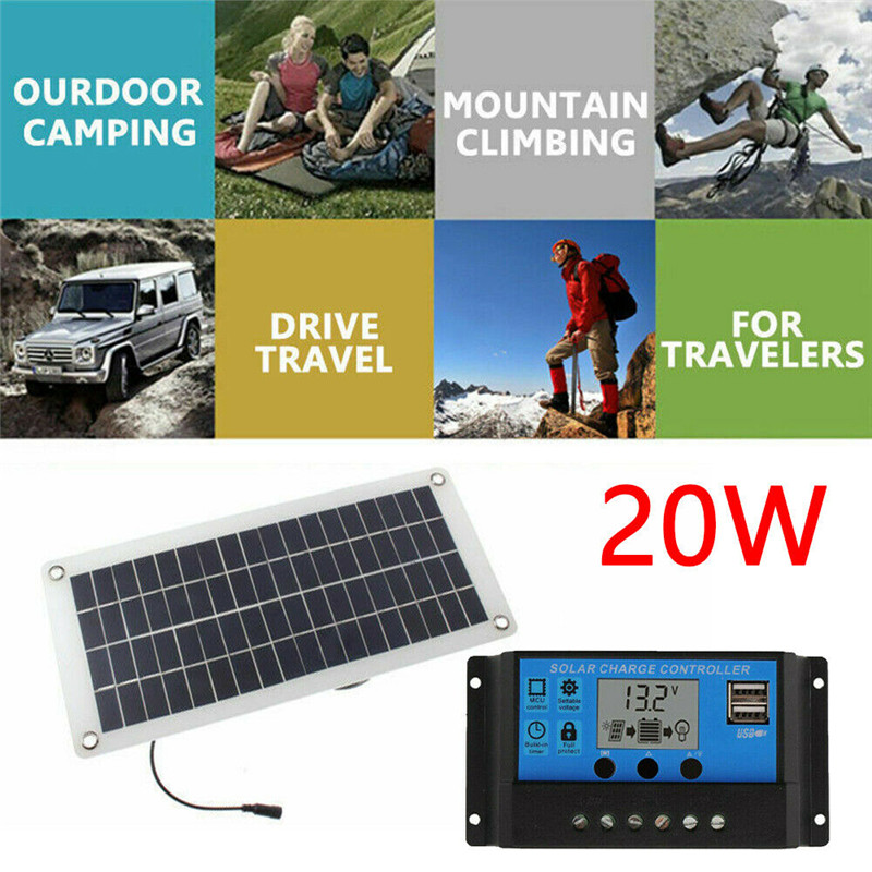 20w solcellepanel sæt 12v batteri lade controller campingvogn båd home camp rv styret polykrystaller elektrisk køretøj