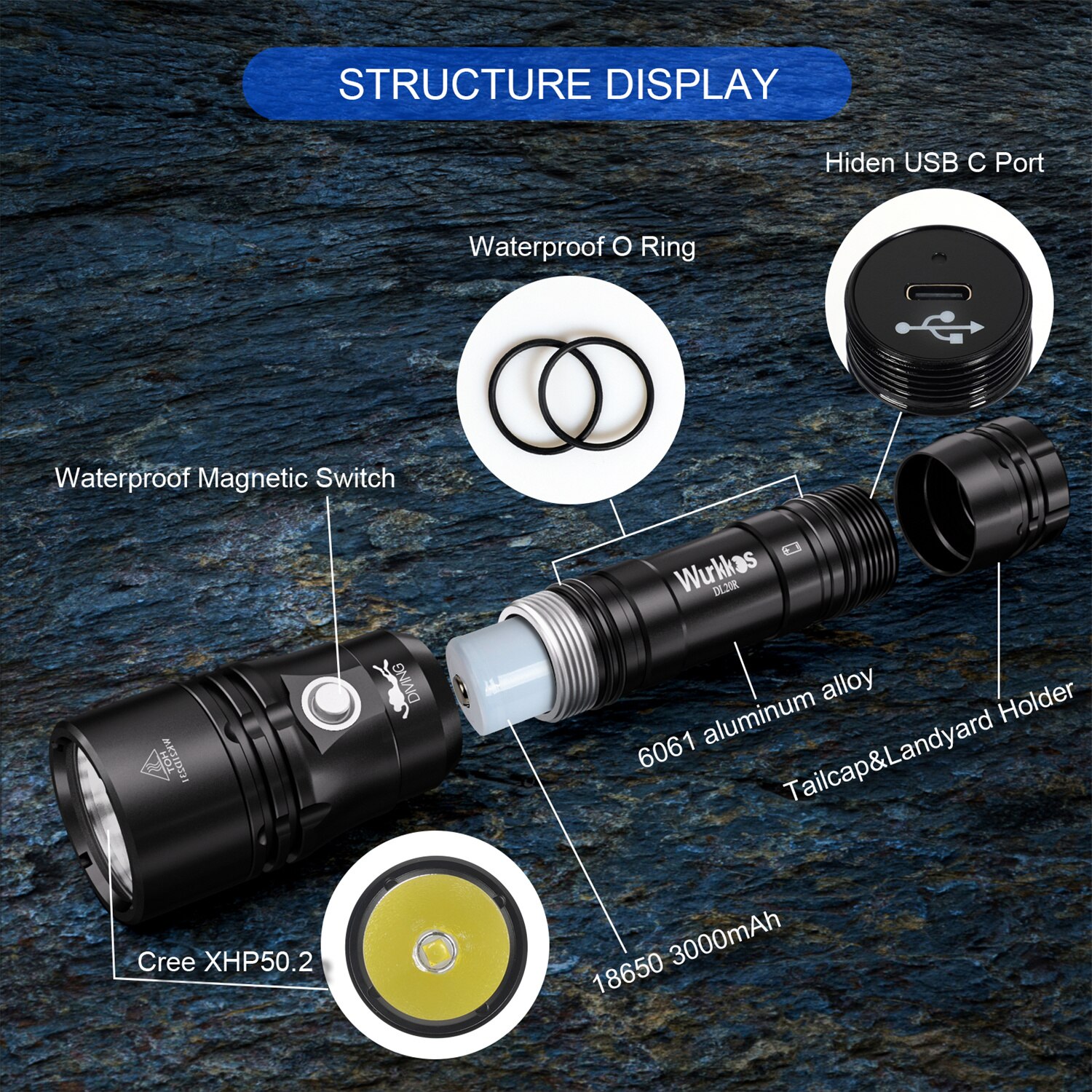 Wurkkos DL20R Diving Flashlight Rechargeable 18650 LED Scube Light IPX-8 Waterproof Cree XHP50.2 3200lm Hidden USB-C Port ATR