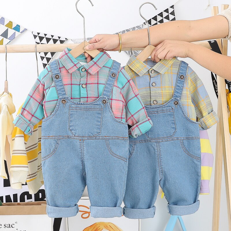 Hylkidhuose Peuter Baby Kleding Sets Lange Mouw Plaid Shirt Bib Jeans Casual Stijl Meisjes Baby Jongens Kleding