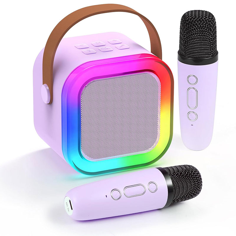 Micrófonos profesionales para niños para cantar, caja de sonido BT, Mini altavoz Blootooth, máquina de Karaoke, conjunto completo de equipo Bluetooth para el hogar: Morado