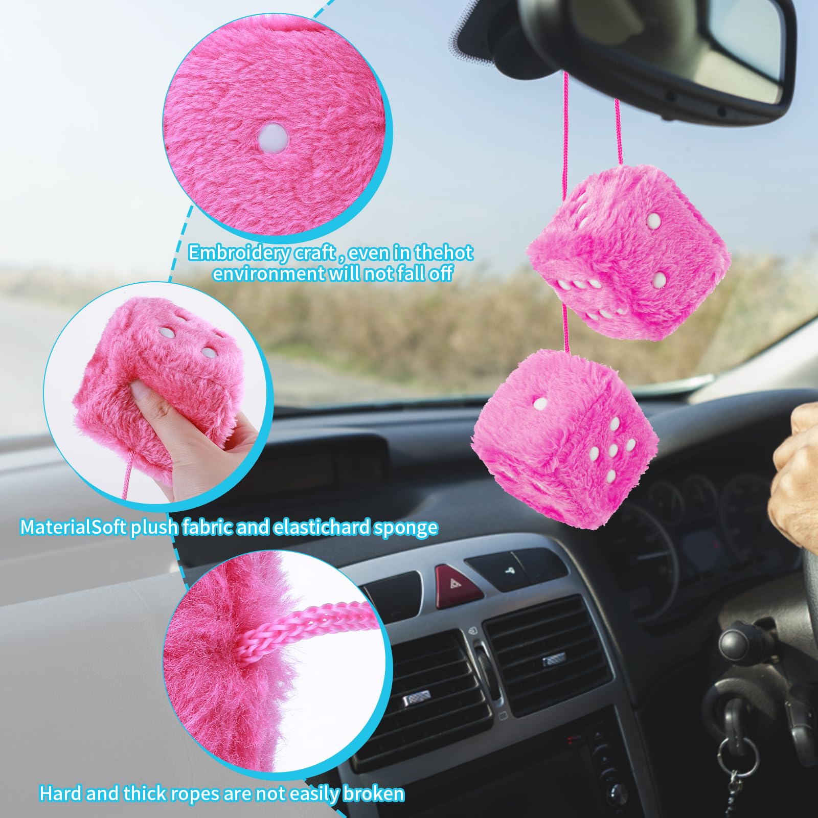 Dés pelucheux pour miroir de voiture, paire de dés en peluche pelucheux carrés rétro de 2.7 pouces avec points pour suspendre des accessoires de voiture, intérieur moelleux
