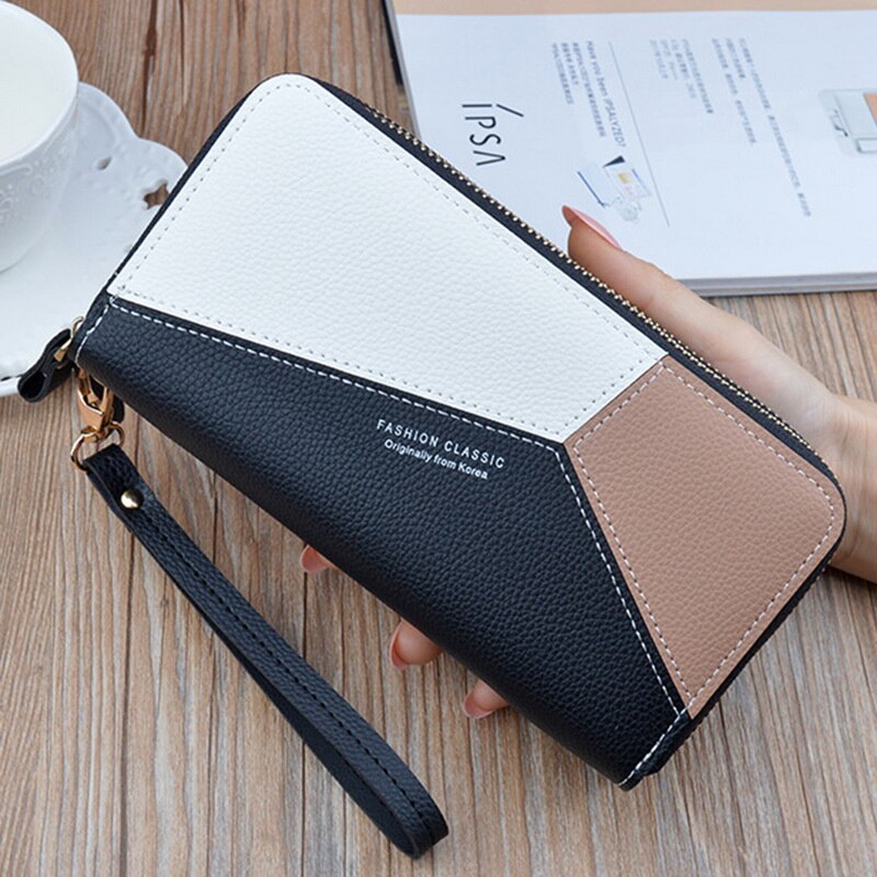 Geometrische dames clutch roze portemonnees telefoonvak portemonnee kaarthouder patchwork dames lange portemonnee dame creditcard pu doos