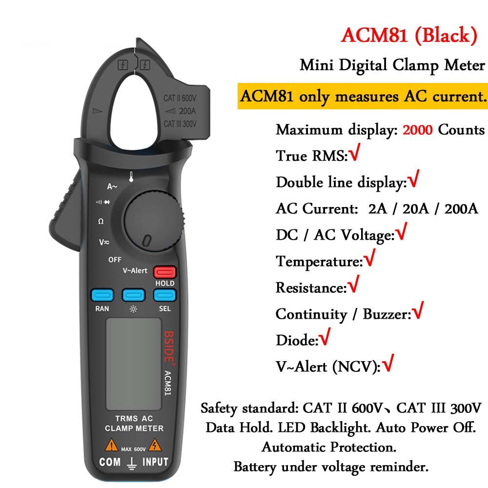 Mini Digital Clamp Meters BSIDE ACM Series True DC AC Current Voltage Ohm Temp Capacitance Hz NCV Tester Ammeter Multimeter: ACM81-black