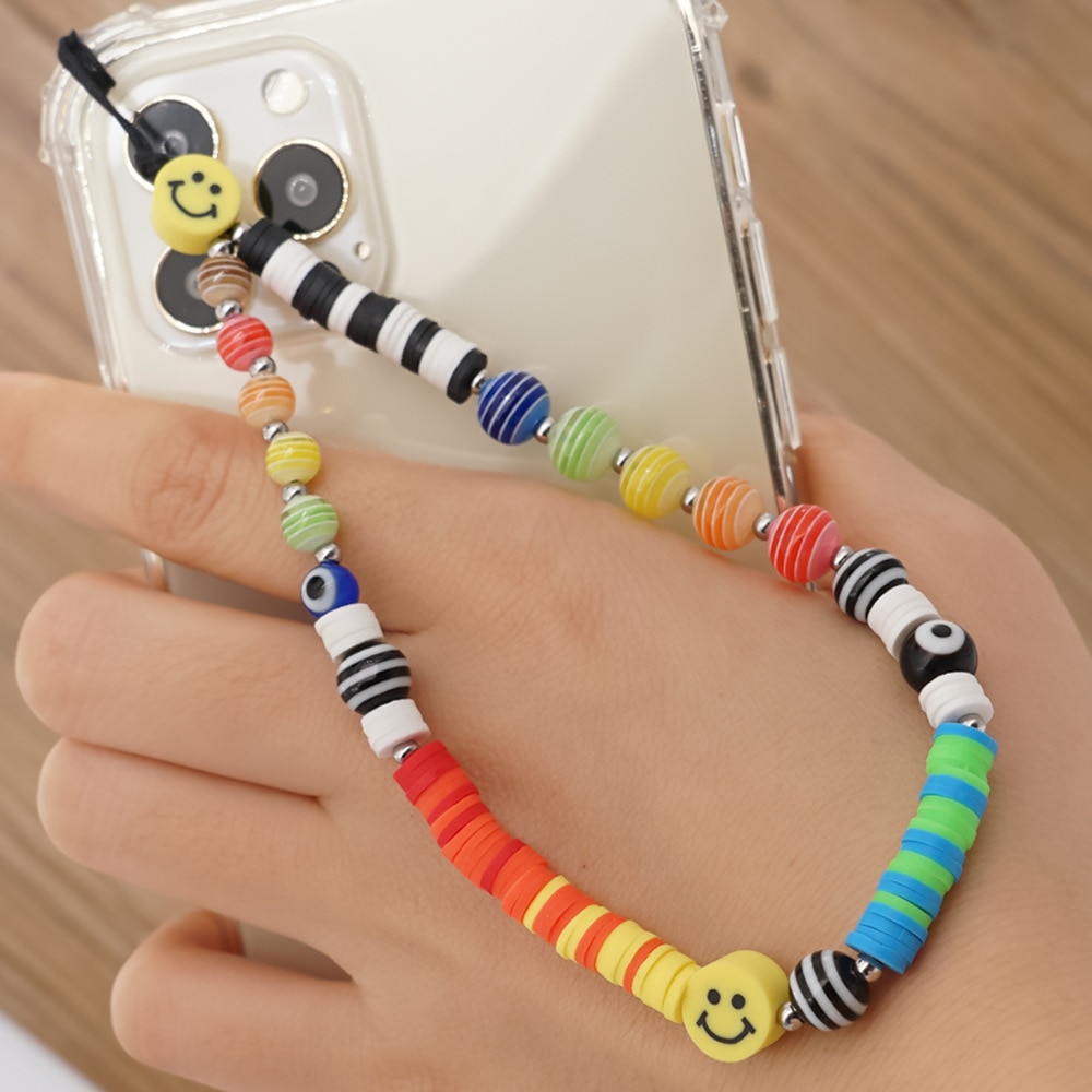 Colorful Acrylic Bead Smile Mobile Phone Chain Cellphone Strap Anti-lost Lanyard For Women Summer Jewelry