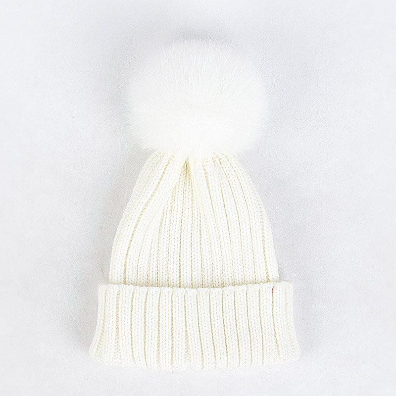 Geebro Lue for Barn - Koselig Strikket Lue med Pompon - Vinter Høst - Unisex: Hvit hvit