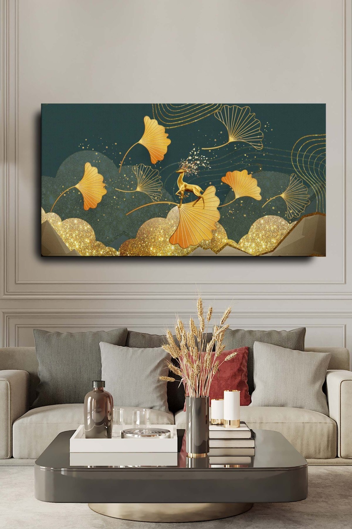 Pintura de pared de Blok, lienzo surrealista de hoja de oro y ciervo abstracto decorativo, 120x60cm, pintura de gran tamaño