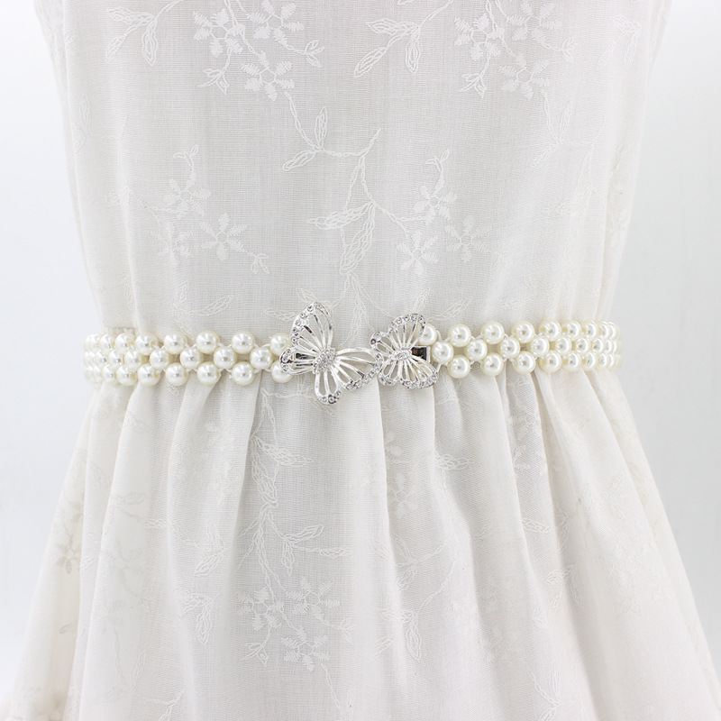Cinturones molanes de diamantes de imitación para mujer, cinturón de perlas, cinturón de cintura con hebilla elástica, cinturón de cadena de perlas, correa de vestido para niña y mujer, boda: Silver Butterfly
