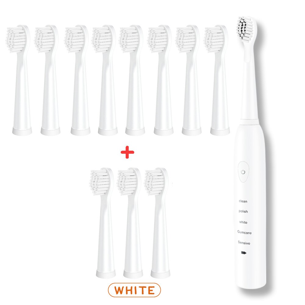 Brosse à dents électrique sonique puissante Ultra sonique USB Charge brosses à dents rechargeables brosse à dents de blanchiment électronique lavable: White-brushhead-12