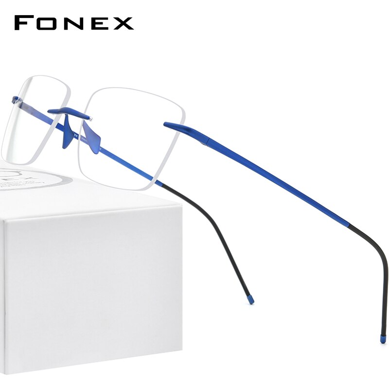 Fonex pure titanium bril heren dames randloos op sterkte vierkante bril montuurloos bijziendheid optisch montuur bril 8557: Blauw