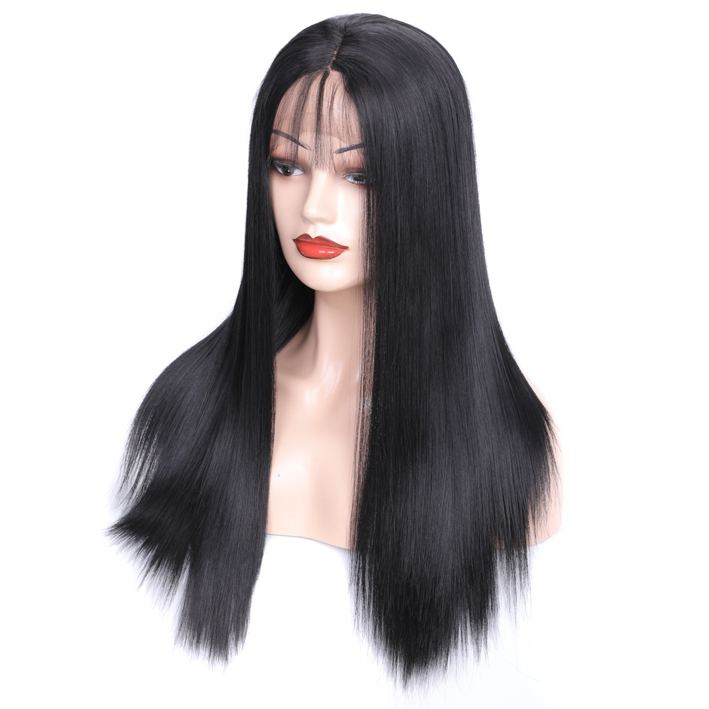 ZM perruques synthétiques lisses avec frange 14 à 26 pouces noires, perruques synthétiques soyeuses de pour femmes noires, résistantes à la chaleur