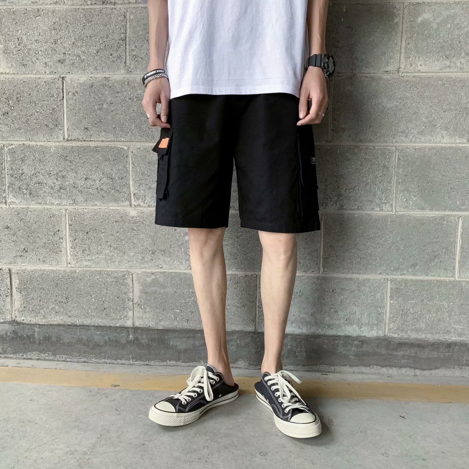 Corée à la hommes Cargo Shorts cordon lâche demi-pantalon marée décontracté Sup Streetwear grande poche coton sport pantalons de plage: Black / Asian size XL