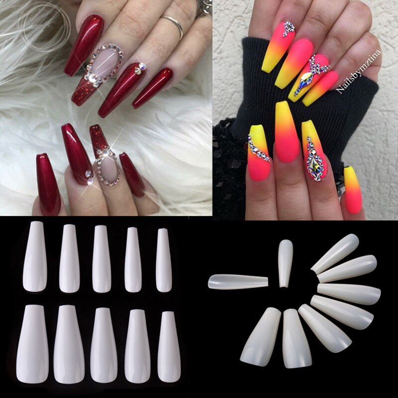 100 stk/opp lange ballerina negle kunstige kunstige negle klare/naturlige/hvide lange kiste negle spidser fuld dæksel aftagelig nail art