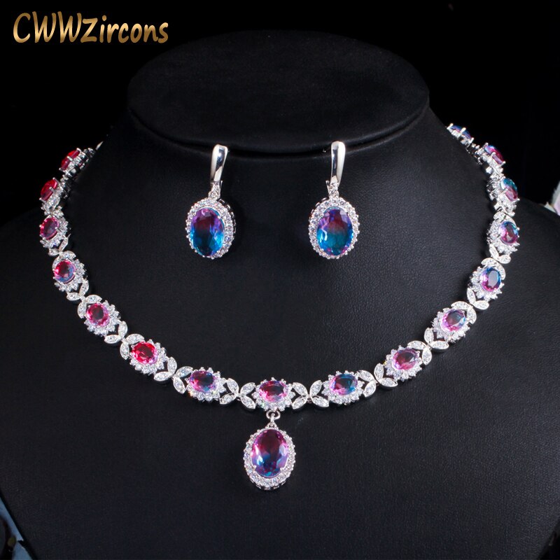 Cwwzircons Elegante Mystieke Rainbow Zirconia Crystal Oval Oorbellen En Ketting Set Voor Vrouwen Party Sieraden T509