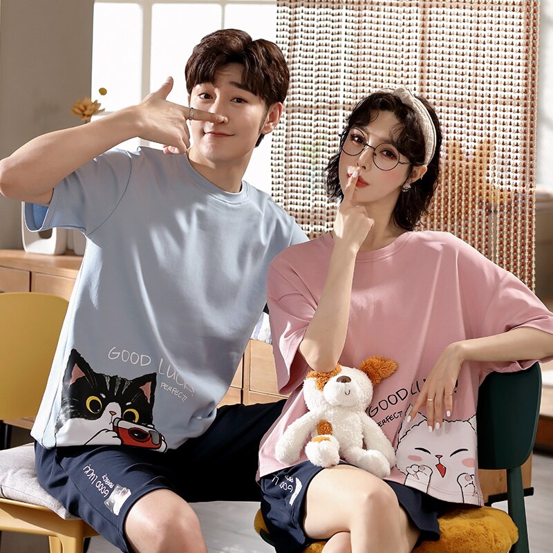 Couple's Pajamas Set Summer Cotton Leisure Cartoon Giraffe Cute Women's Sleepwear Plus Size Short Sleeve Men And Women Homewear