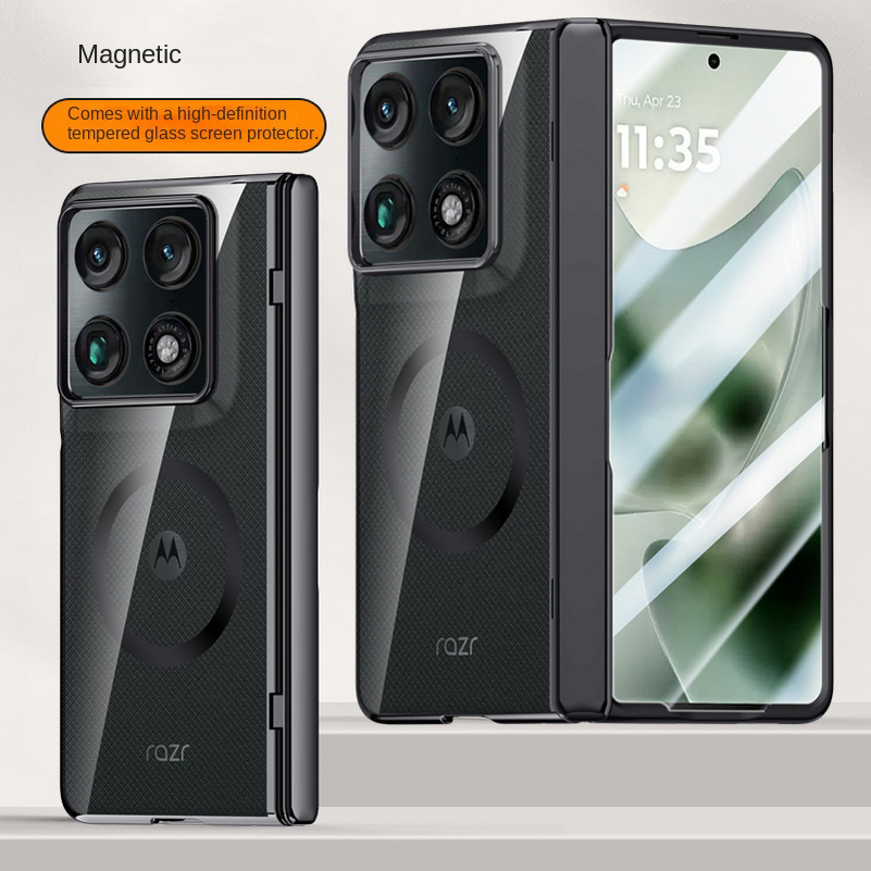 Con anello magnetico, protezione per schermo trasparente in vetro temperato, custodia per Motorola Razr Fold con coperchio posteriore a molla: Beige