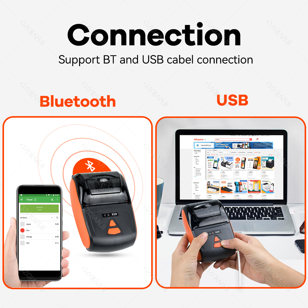 Protable Mini 2 inch Bluetooth Thermal Printer Wireless Receipt Bill Barcode Loyverse POS app on Android Phone Printer Maker 58