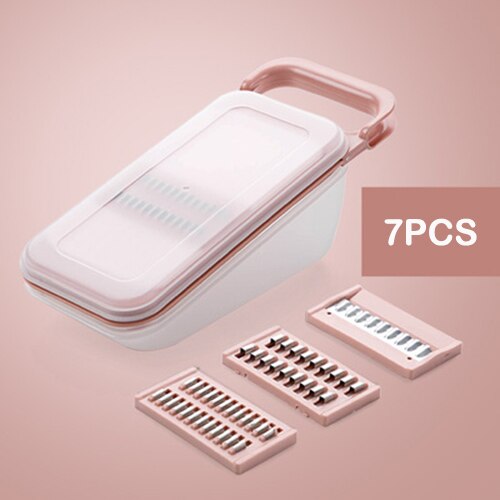 Huishoudelijke Groentesnijder Multifunctionele Aardappelen Wortelen Ui Komkommer Shredder Handleiding Afvoer Mand Gereedschap Rvs: B-7PCS-PINK