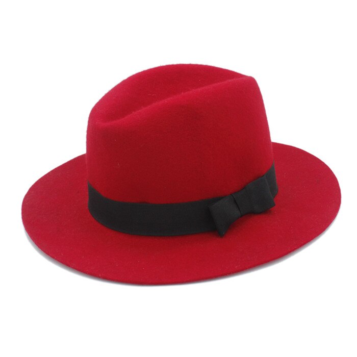 100%  uld bred skygge floppy filt trilby bowknot fedora hat til kvinder damer vinter efterår kashmir gangster kirkehat 5: Rød