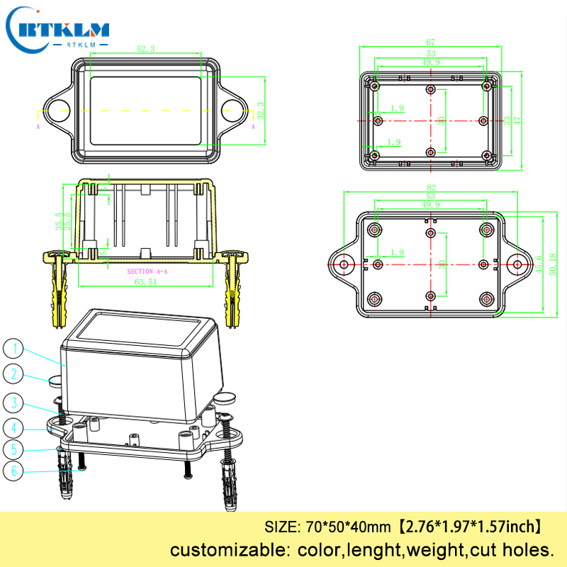 ABS plastic project case plastic electrical box wall mounting juntion box IP54 plastic enclosure wire connection box 70*50*40mm