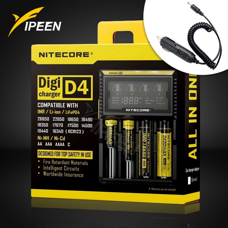 100% cargador de batería Original Nitecore D4 cargador inteligente LCD Li-ion 18650 14500 17670 18490 17500 AAA 12V cargador de batería: D4 With car cable / AU