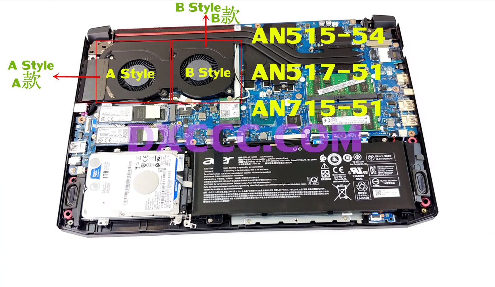 Kannettavan tietokoneen varaosa acer nitro 5 an515-54 / an517-51 /  nitro 7 an715-51 a715-74g a715-42g a715-75g cpu jäähdytystuulettimelle