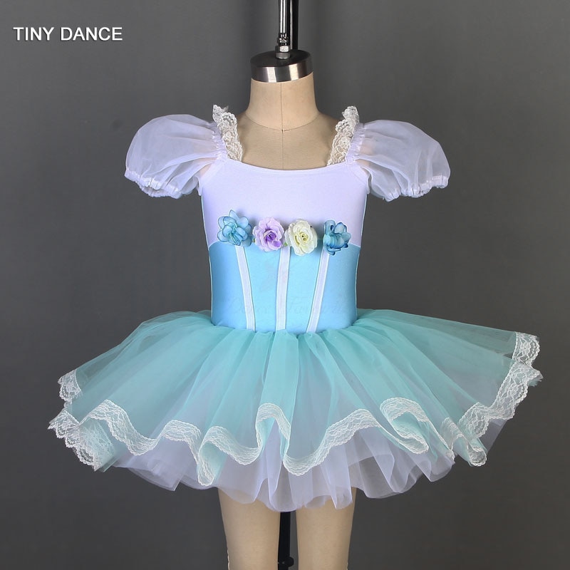 Puff Sleeve Ballet Dance Tutu Sky Blue Ballerina Dance Costume Leotard Dress Performance Costumes for Girls Dance Wear 19801