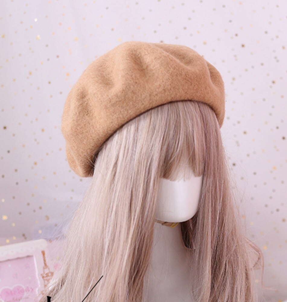 Solid Color Wool Beret for Women Girls Winter Autumn Beanit Hat