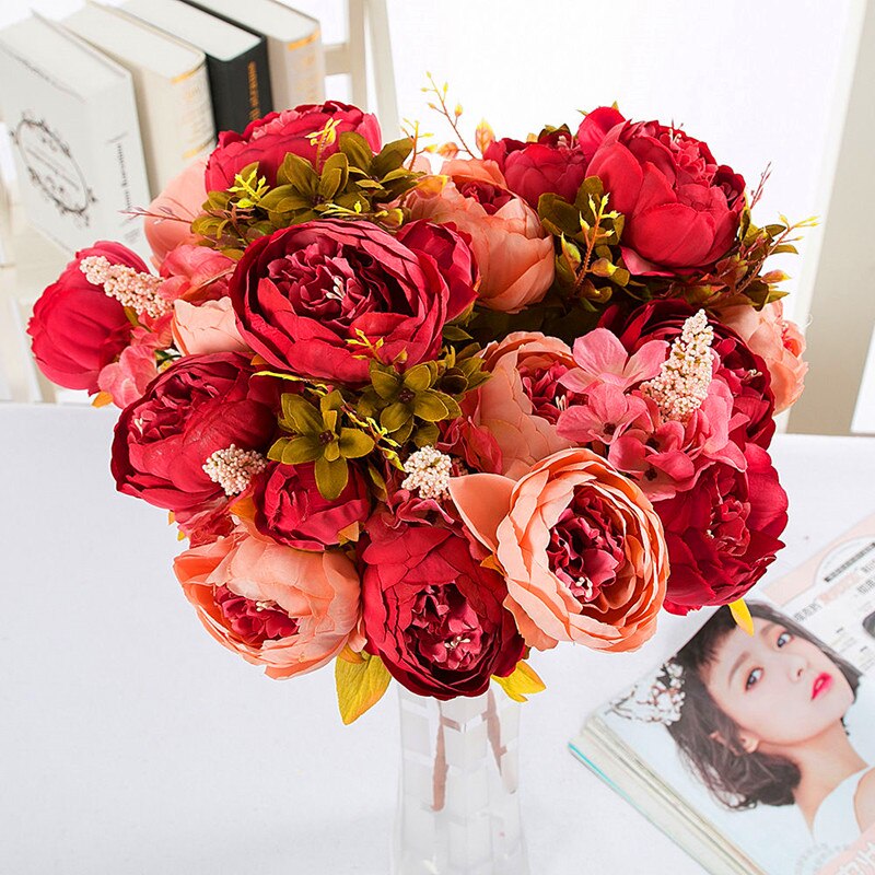 13 grener små ferske, kunstig silkepionbuketter store blomster til bryllupsfest kontorhotell og hjemmedekorasjon